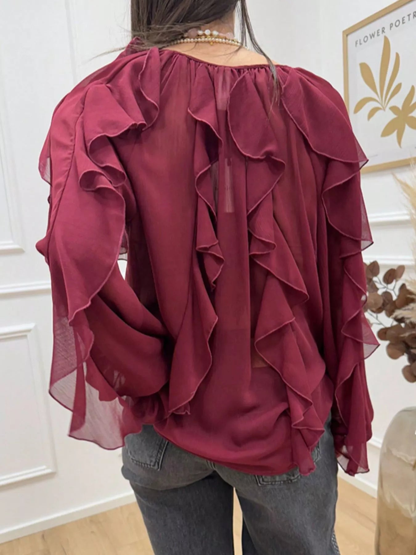 Ruffled Sheer Long Sleeve Blouse