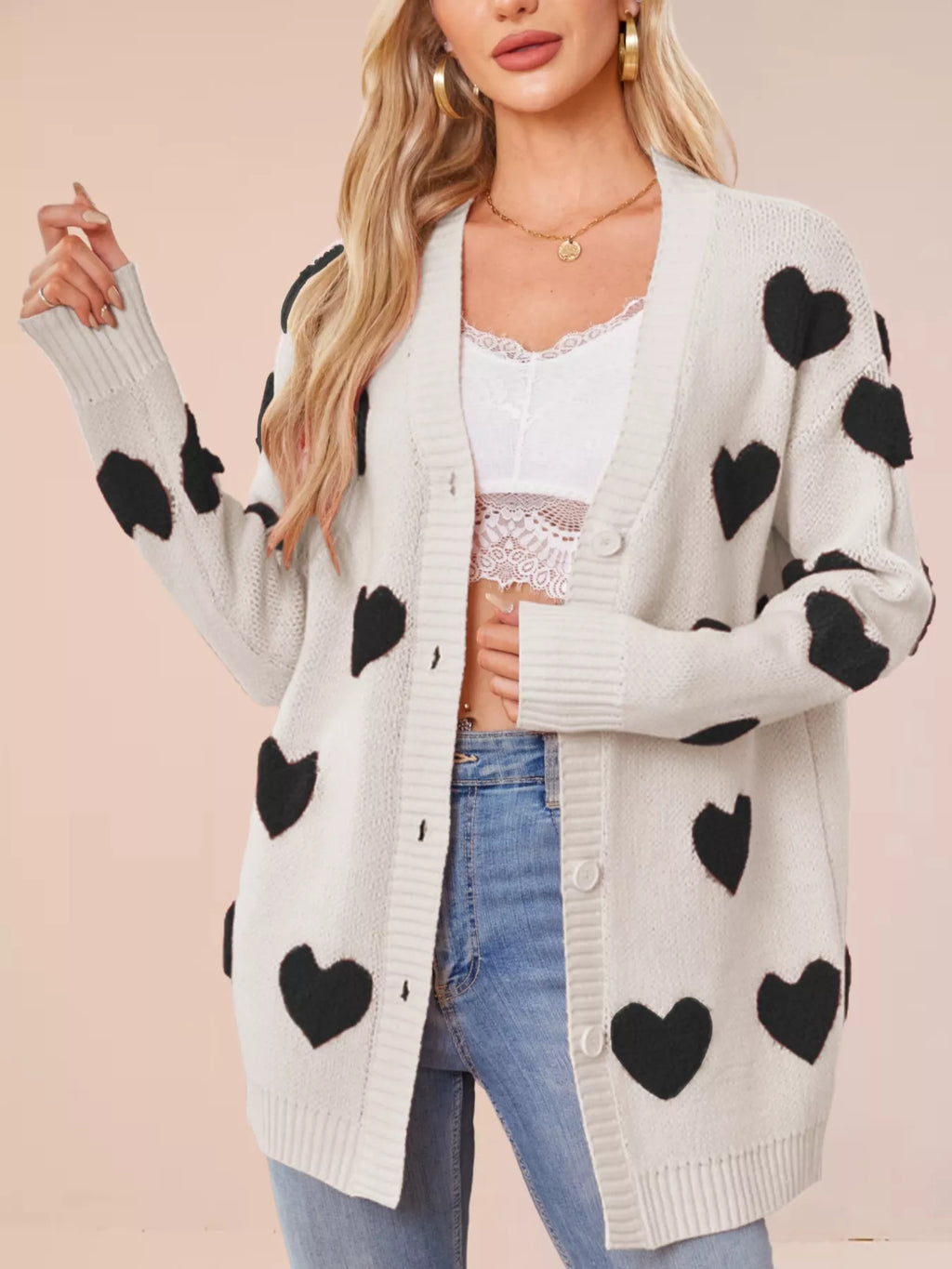 Heart Pattern Knit Button-Up Cardigan
