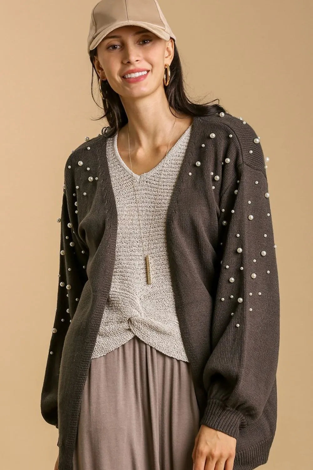 Umgee Full Size Open Front Cardigan with Long Sleeve Pearl Details Plus Size