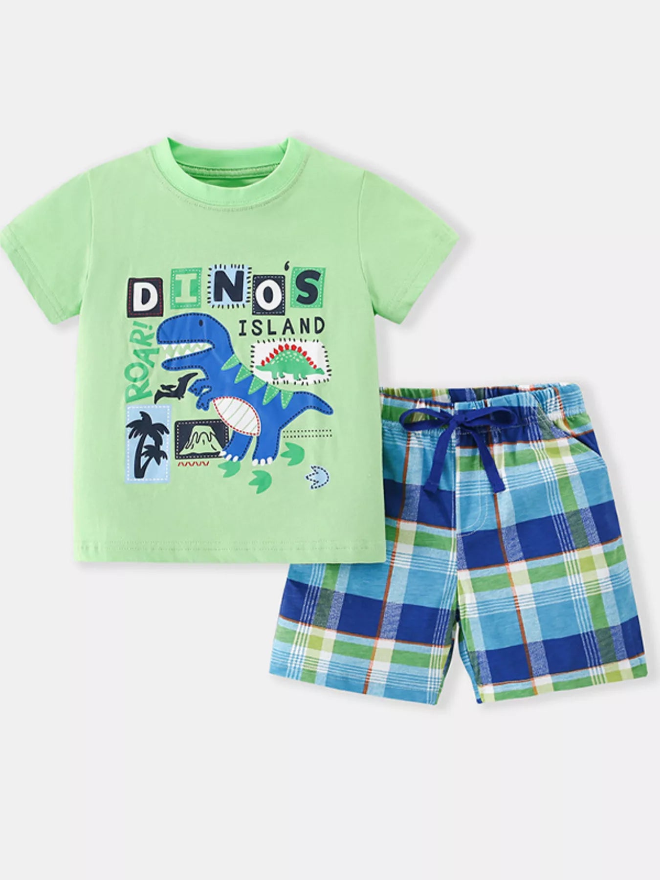 Children's Dino Island Graphic T-shirt and Plaid Shorts Set