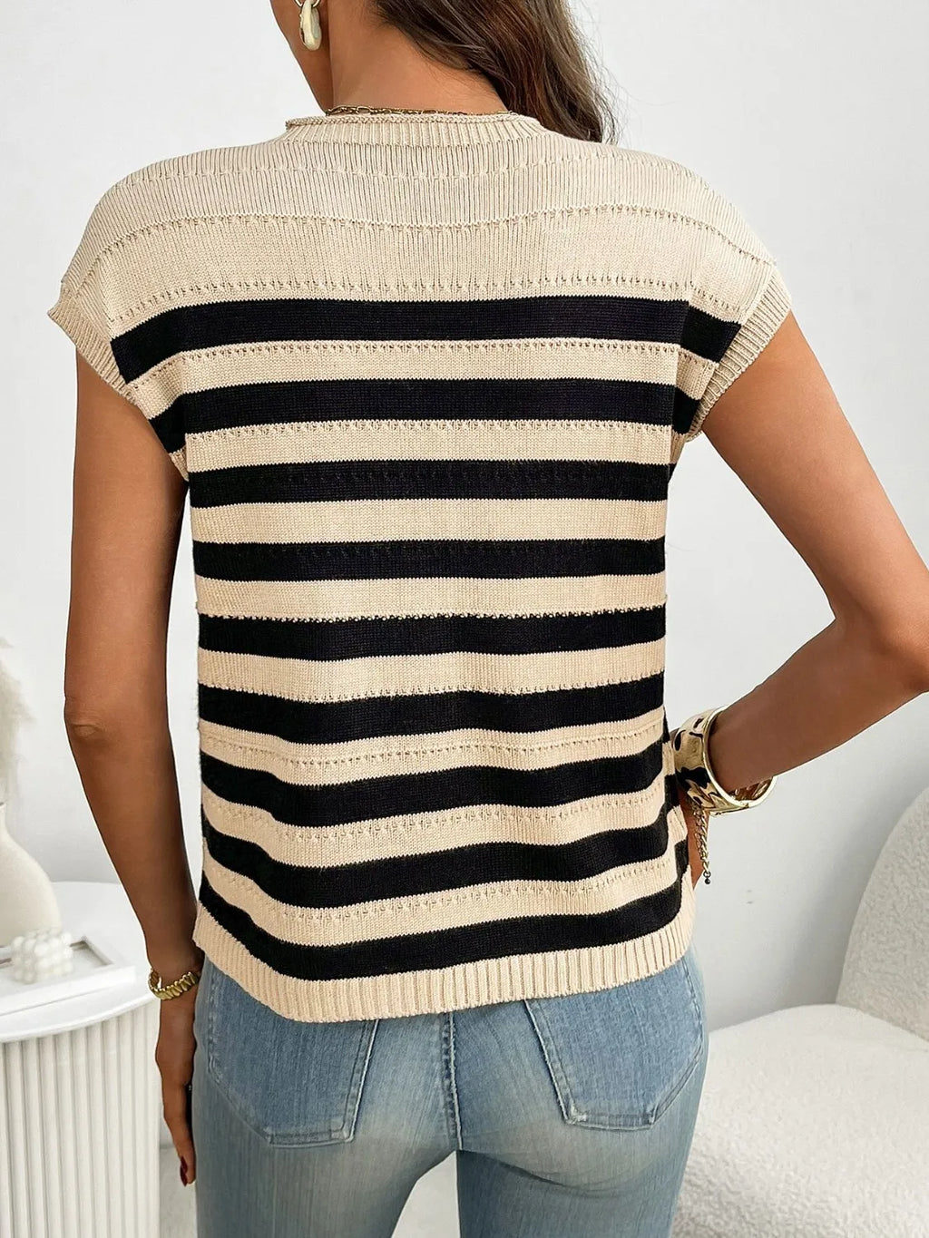 Striped Mock Neck Cap Sleeve Knit Top