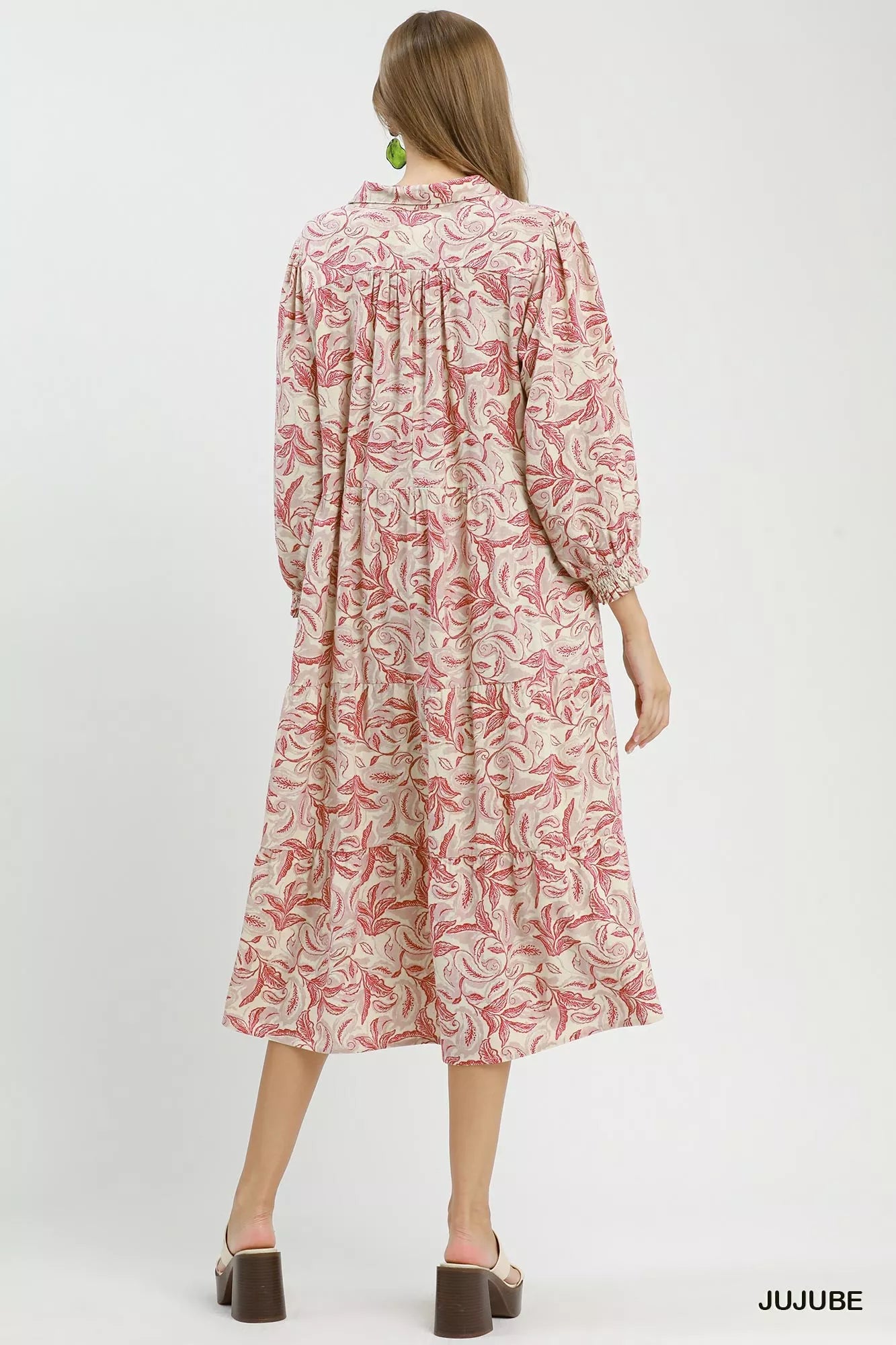 Umgee Linen Botanical Print Tiered Midi Dress