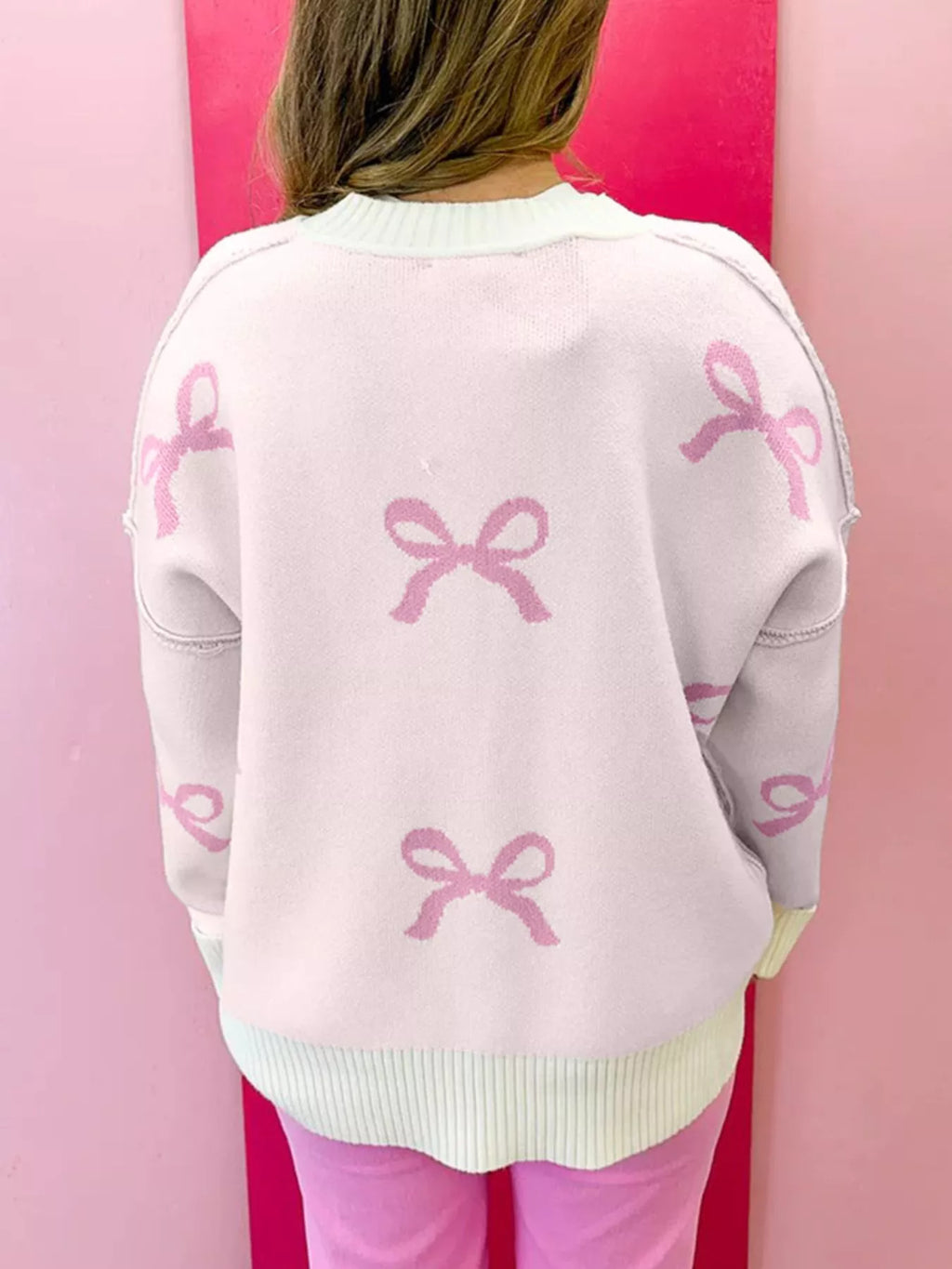 Bow Print Ribbed Trim Exposed Seam Drop Shoulder Loose Sweater