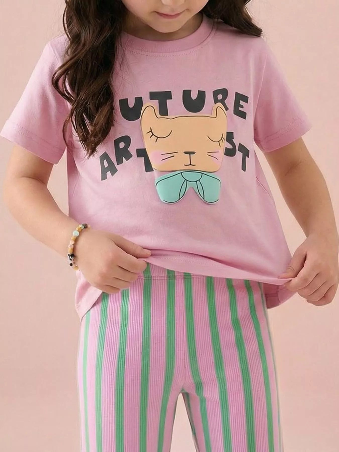 Children's Cat Graphic Round Neck T-Shirt