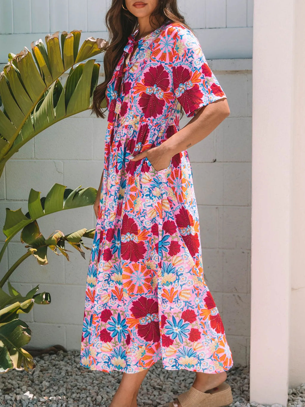 Floral Print Tie Front Midi Dress
