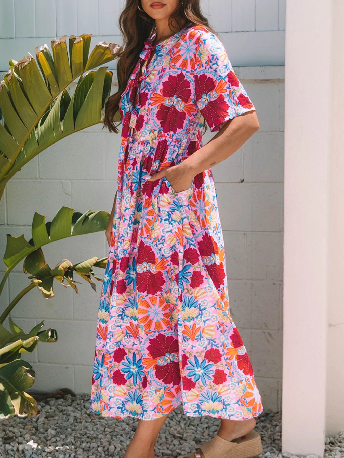 Floral Print Tie Front Midi Dress