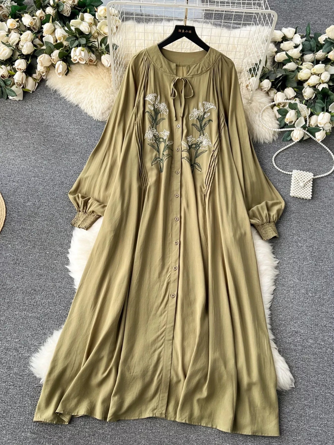 Floral Button Front Long Sleeve Dress