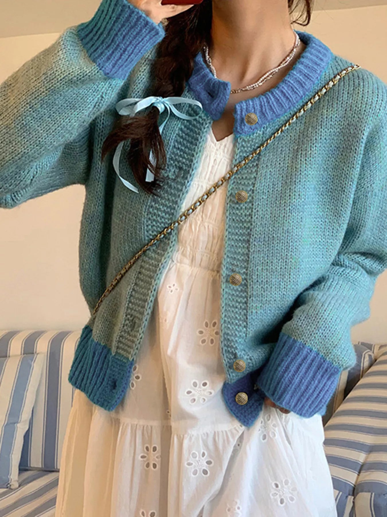 Color Block Button Up Cardigan