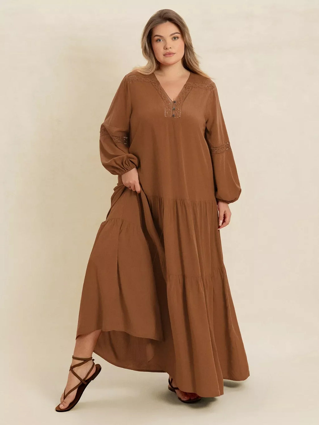Plus Size Bohemian Tiered Maxi Dress with Balloon Sleeves