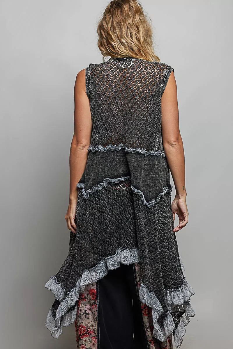 POL Vintage Wash Ruffled Crochet Vest Cardigan