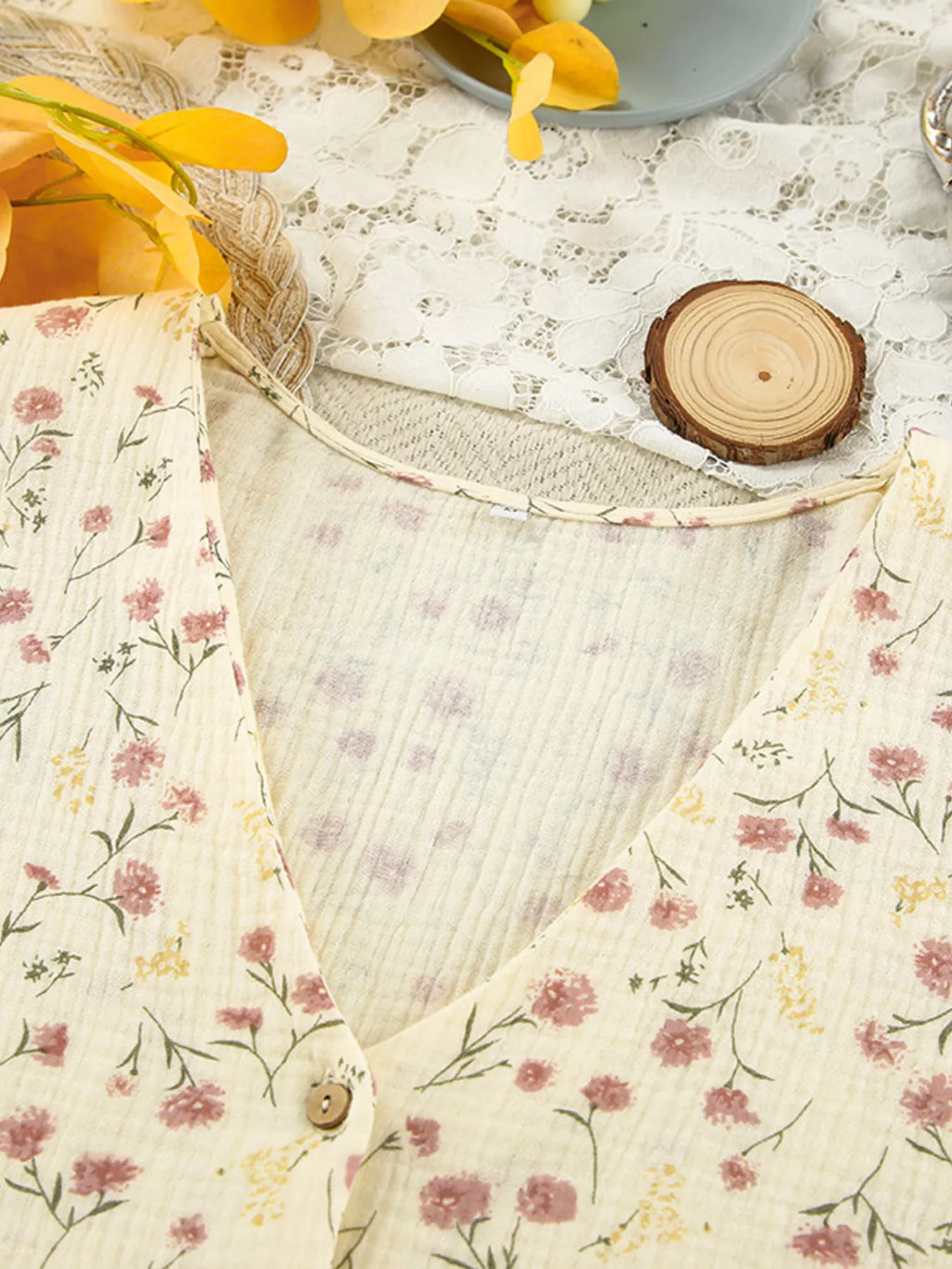 Floral Print Button-Down Top and Pants Lounge Set