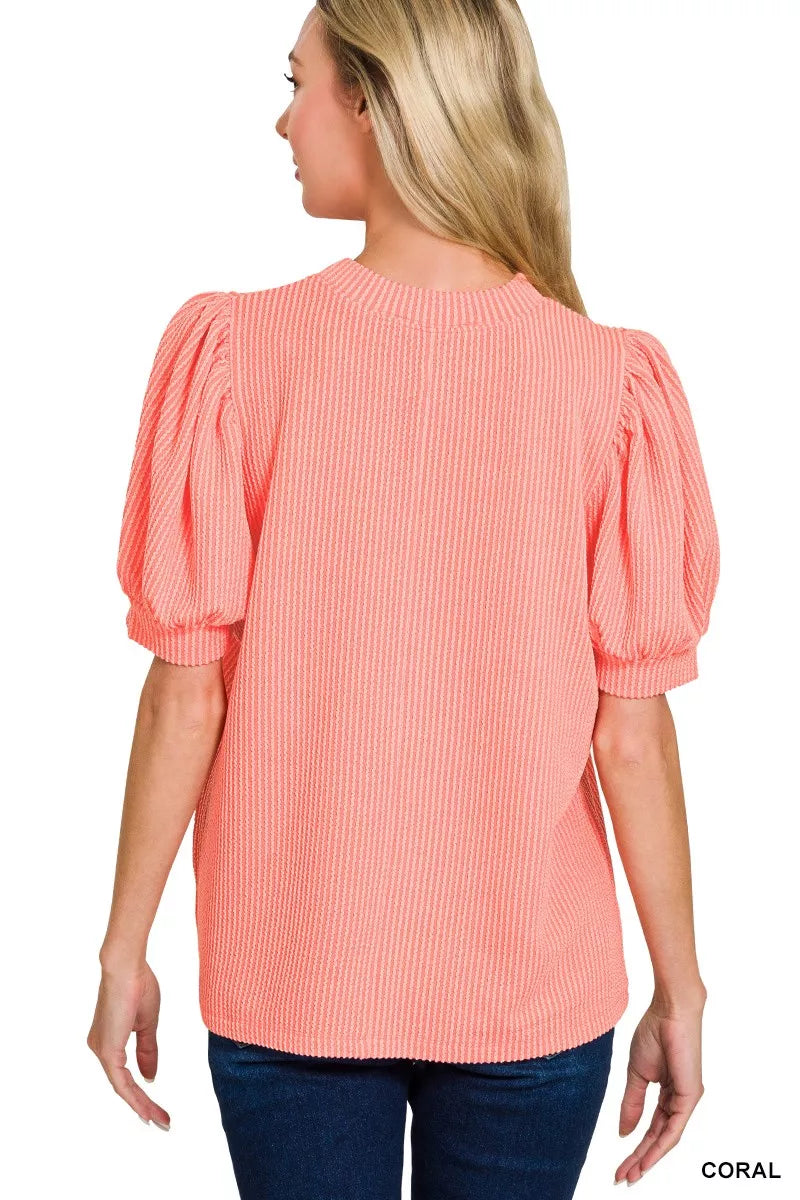 Zenana Raised Rib Puff Sleeve Top