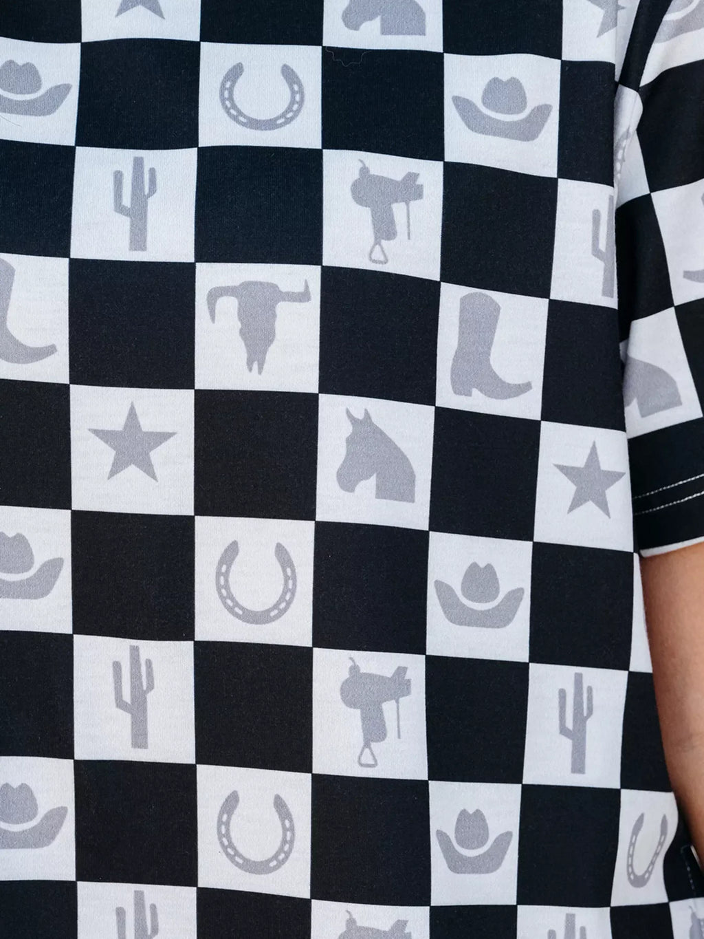 Western Checkerboard Print Side Split T Shirt