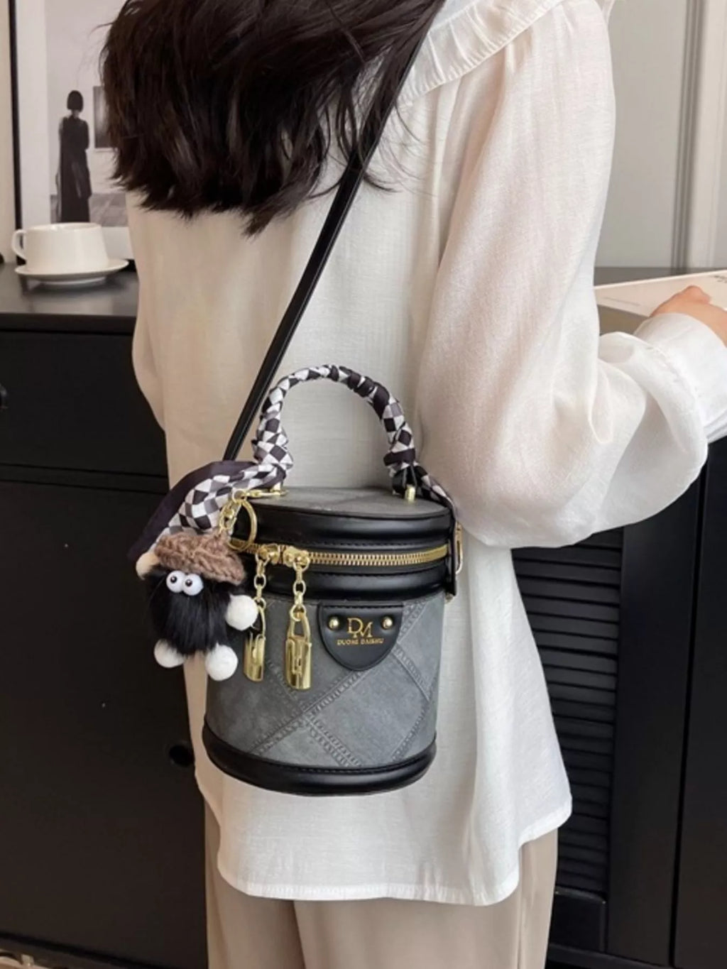 Bucket Crossbody Bag with Scarf Accent