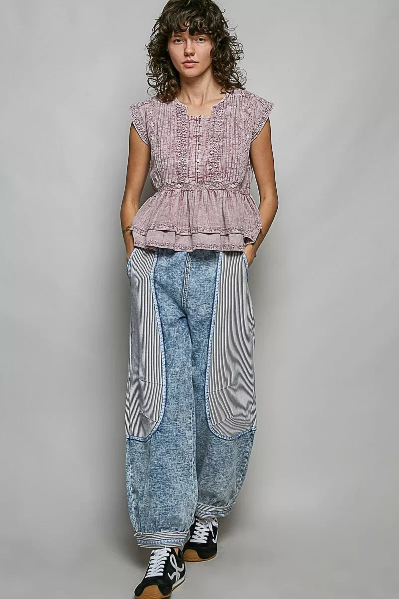 POL Eyelet Embroidery Pintuck Sleeveless Cotton Blouse