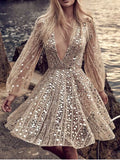 Sequin Deep V-Neck Mini Dress