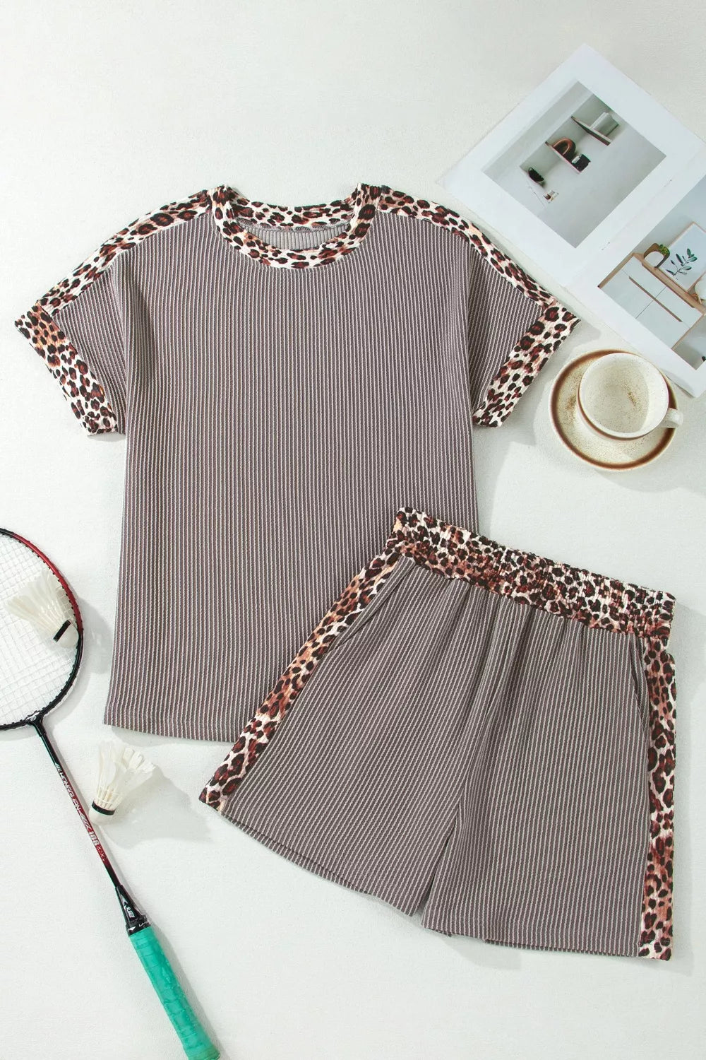 Leopard Trim Ribbed Knit Tee and Shorts Set