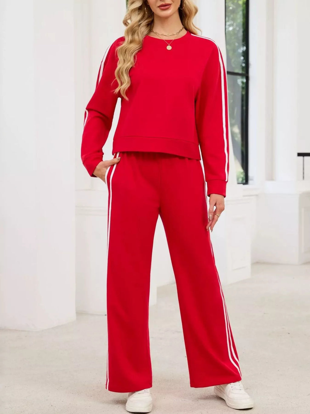 Striped Round Neck Sweatshirt and Pants Set
