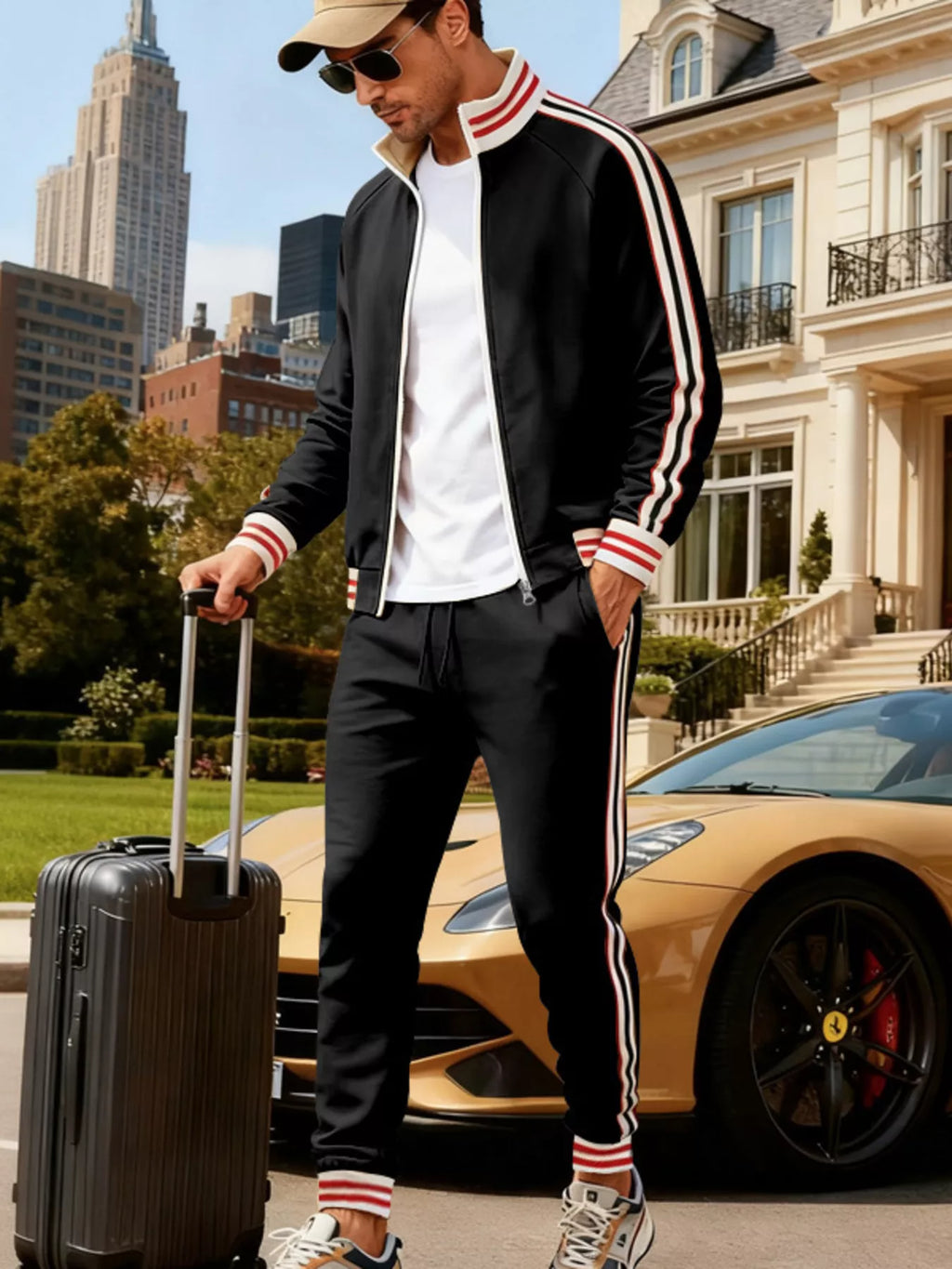 Men's Full Size Striped Zip Up Outerwear and Pants Plus Size