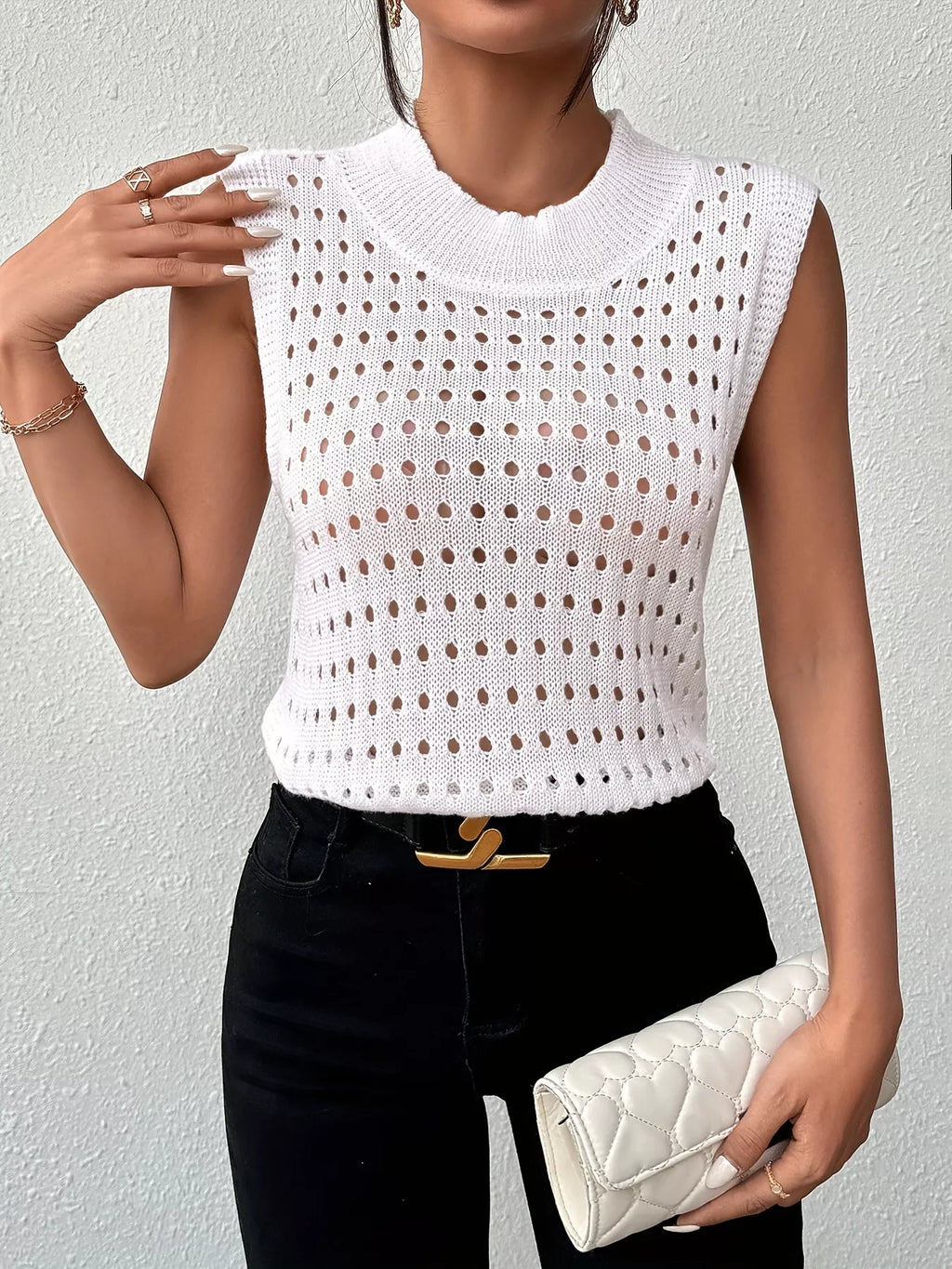 Hollow Out Round Neck Knit Tank
