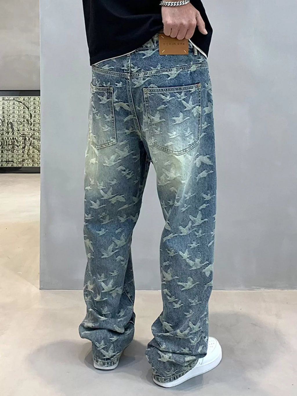 Men's Vintage Bird Print Loose Fit Jeans