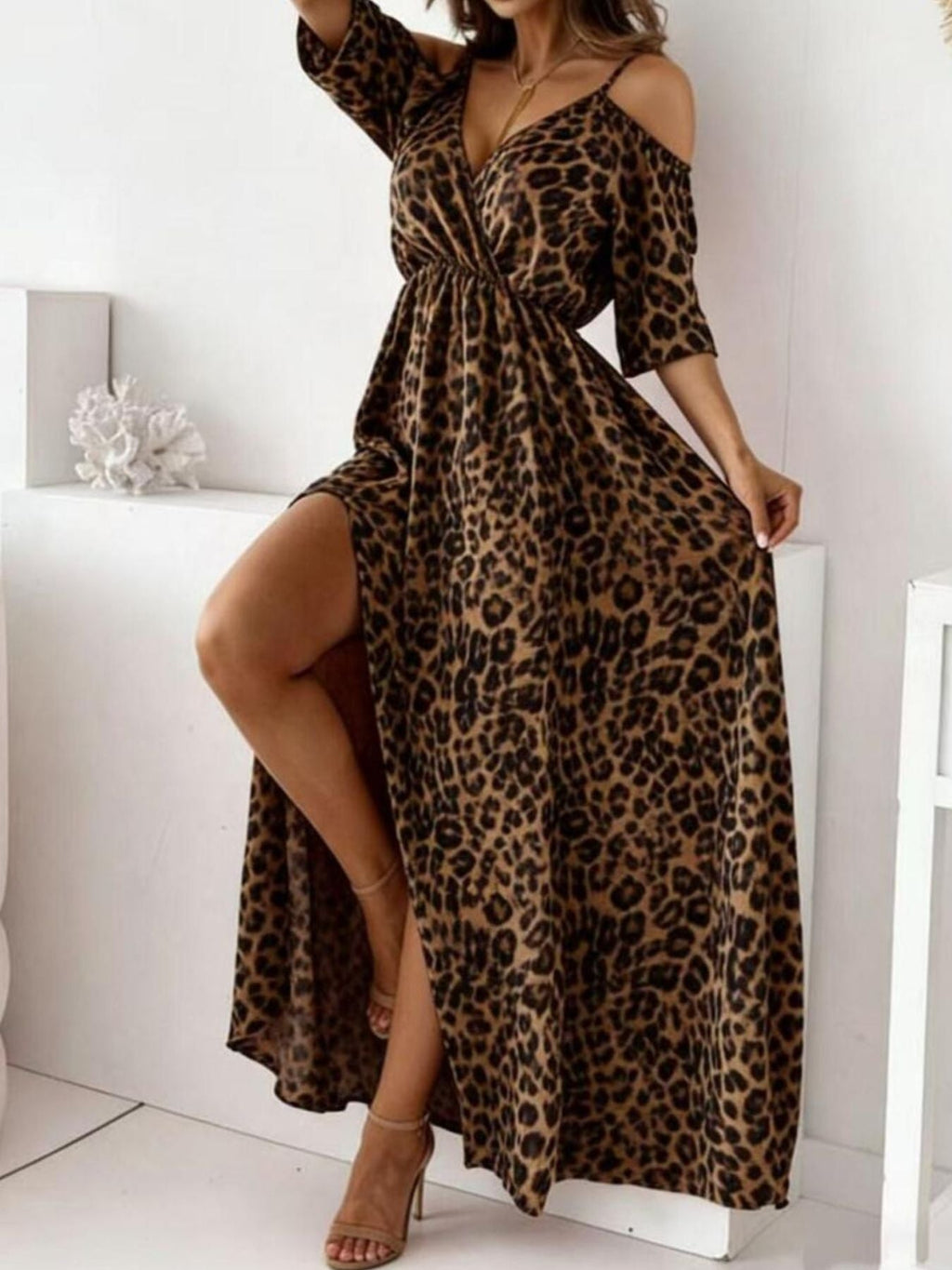 Leopard Print Cold Shoulder Slit Maxi Dress