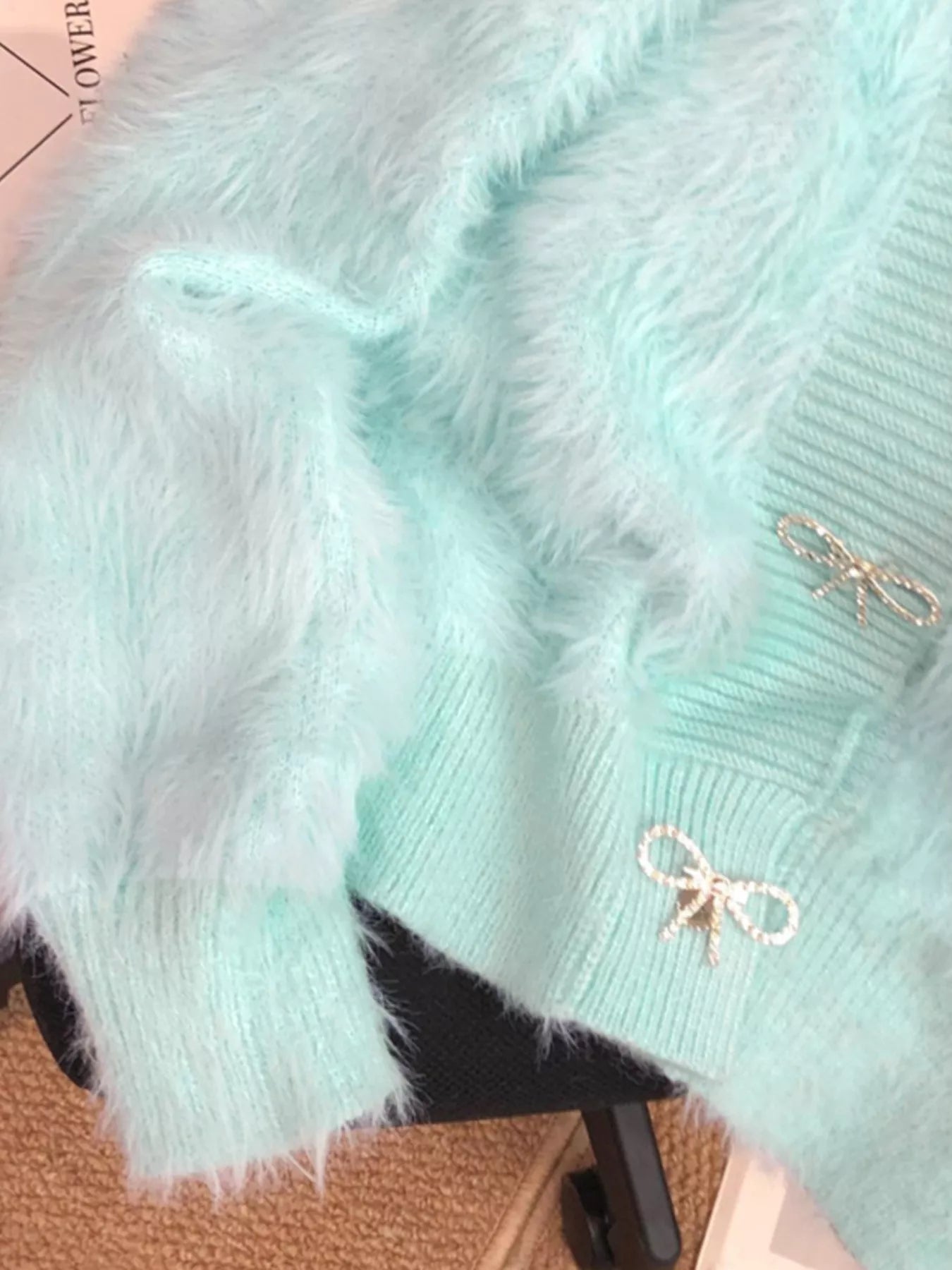 Fuzzy Bow Button Up Cardigan