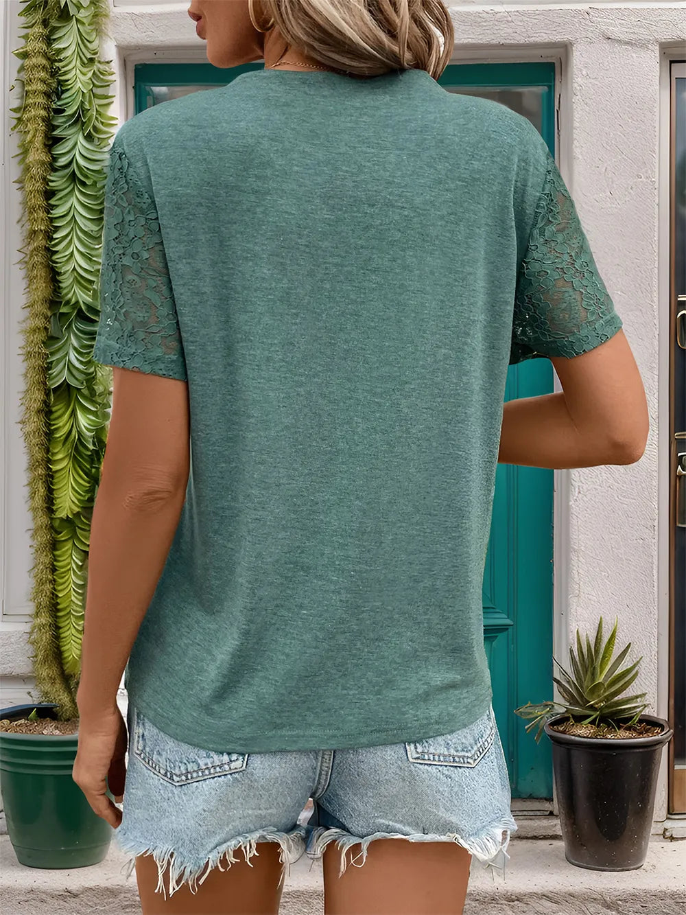 Perfee Lace Detail Notched Short Sleeve T-Shirt
