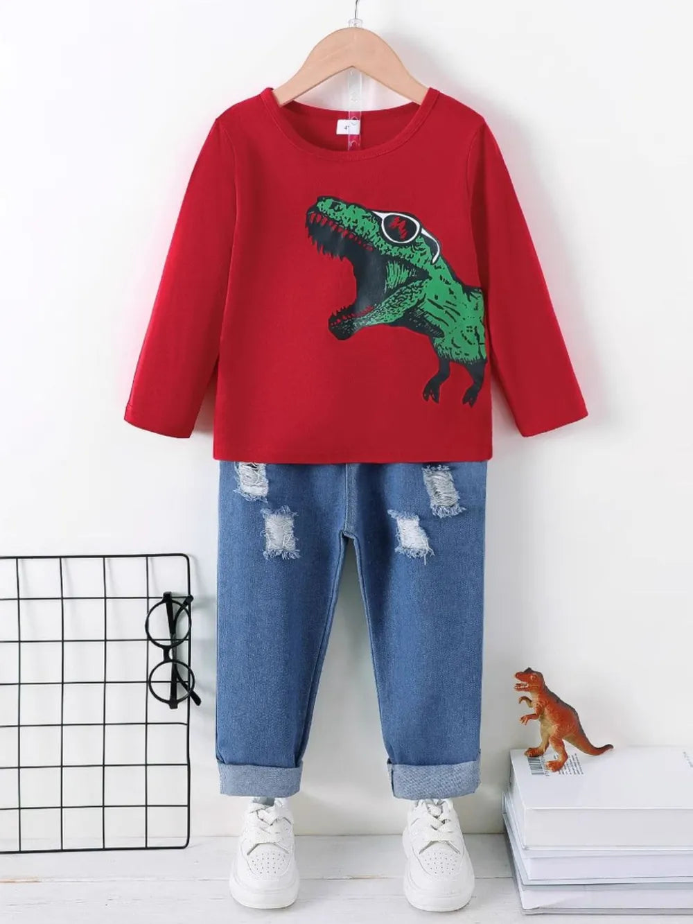 Dinosaur Round Neck Long Sleeve Top and Distressed Pants Set