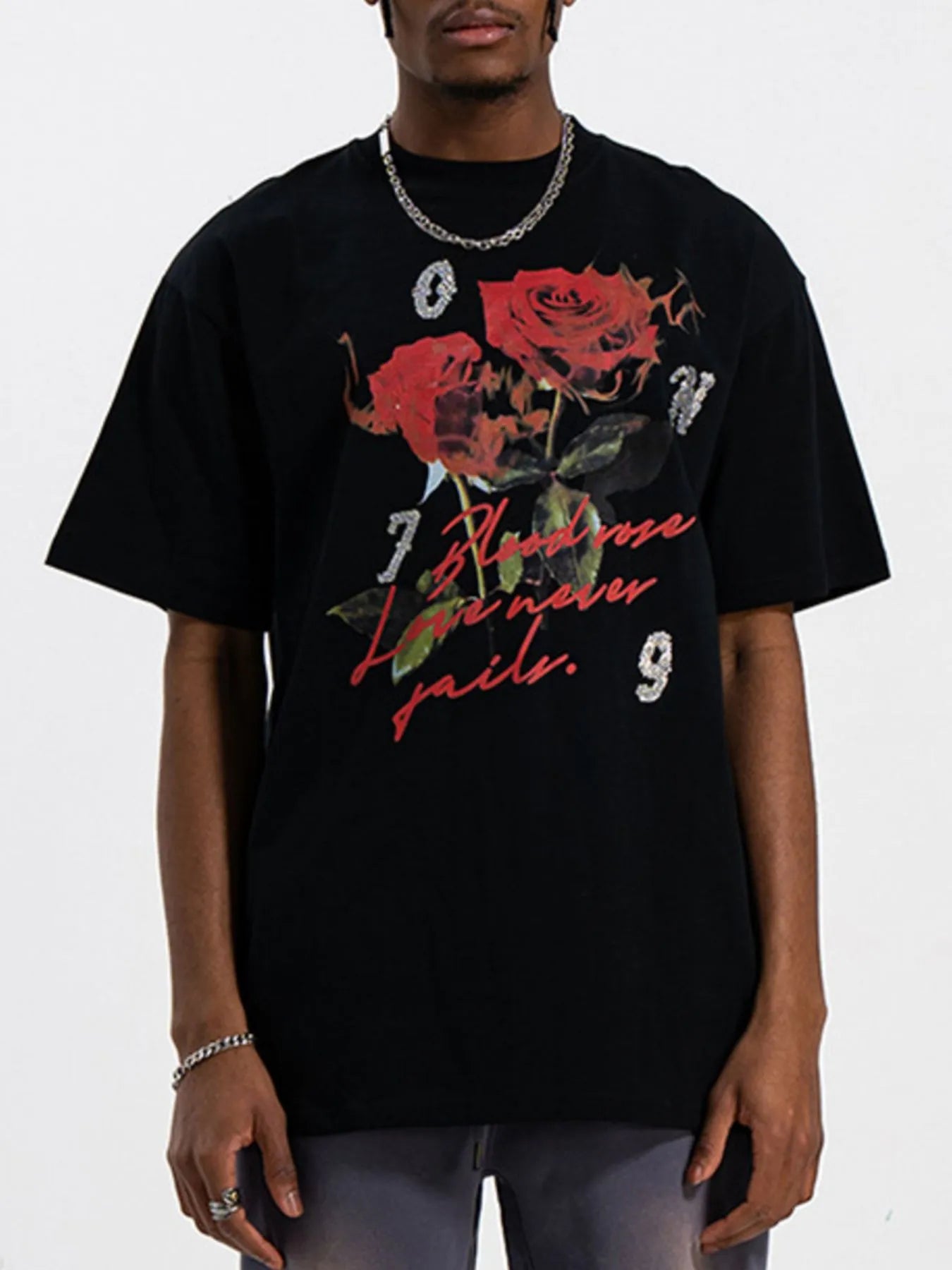 Men's  Rose Graphic T-Shirt with Vintage Script Design