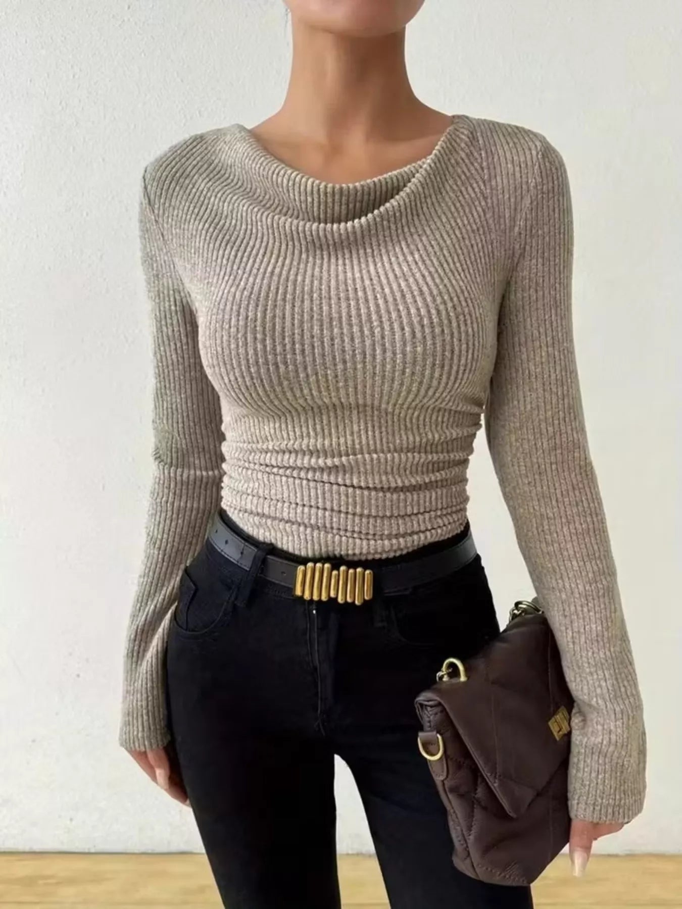 Cowl Neck Ribbed Long Sleeve Sweater