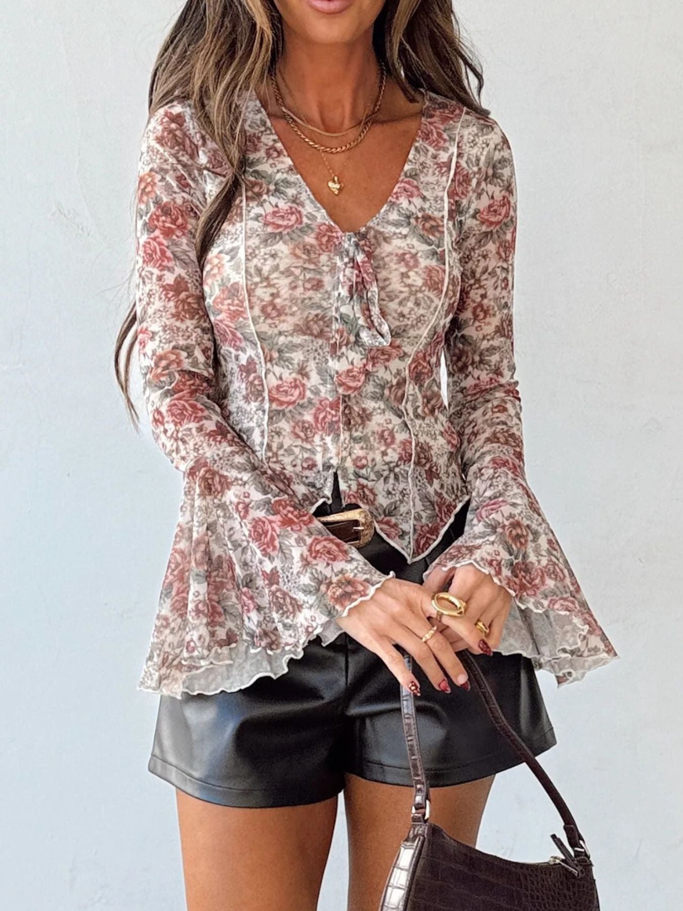 Floral Print Flounce Sleeve Blouse