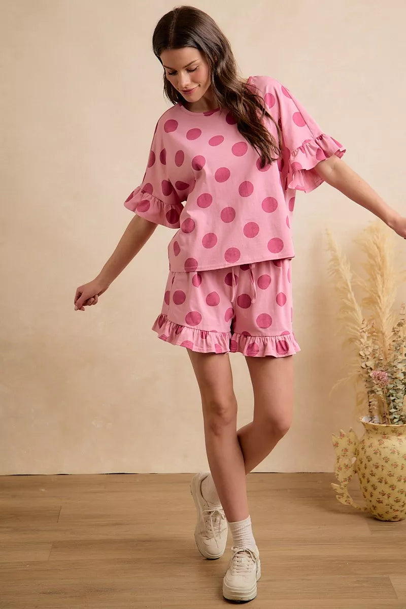 BiBi Polka Dots Printed Ruffled Detail Top And Shorts Set