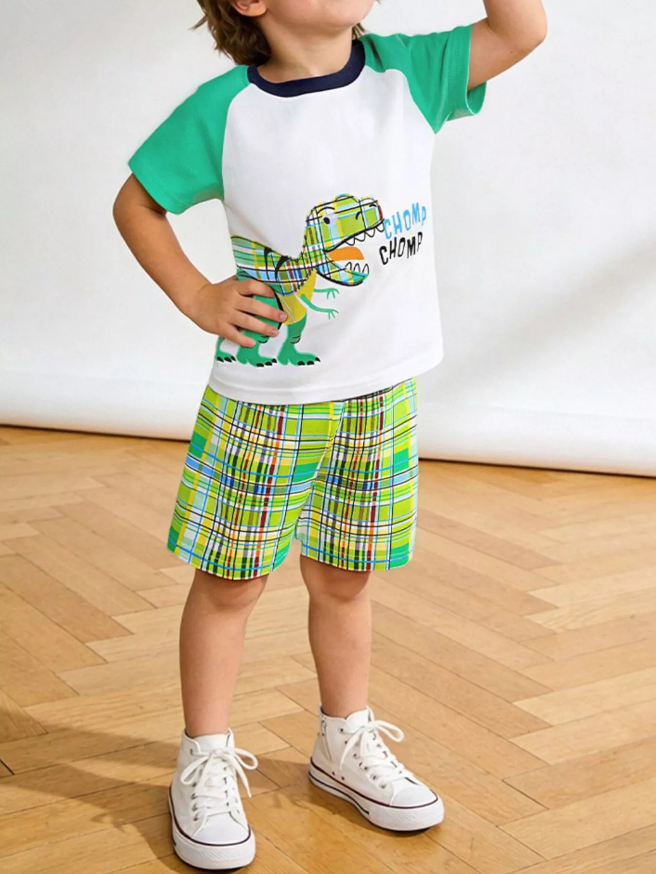 Children's Dinosaur Print T-Shirt & Plaid Shorts Set