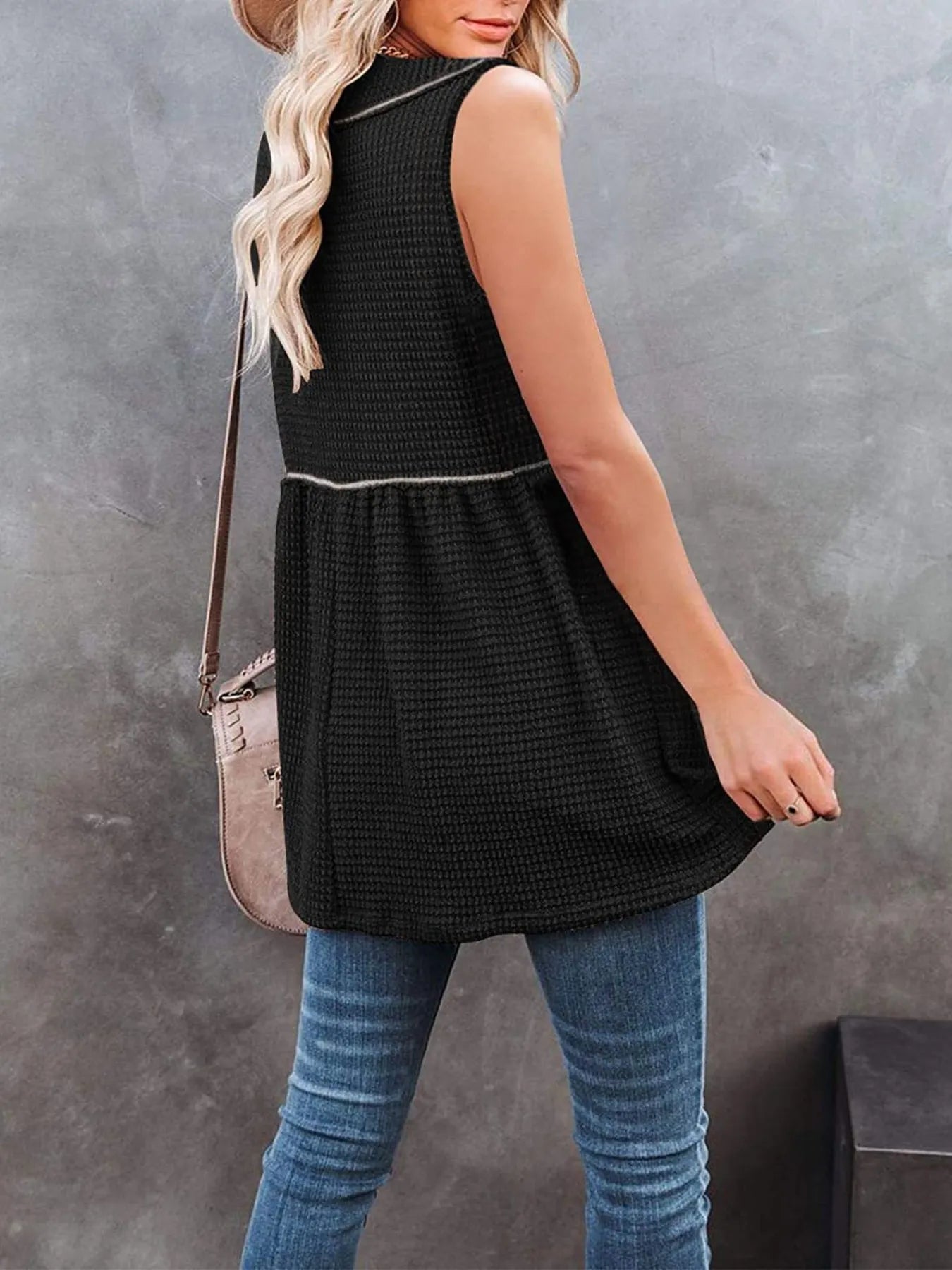 V-Neck Waffle Knit Tank Top with Contrast Stitching