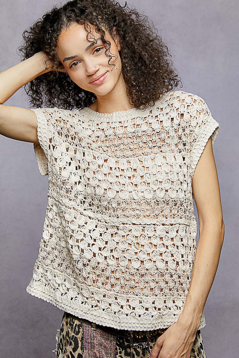 POL Openwork Round Neck Crochet Top