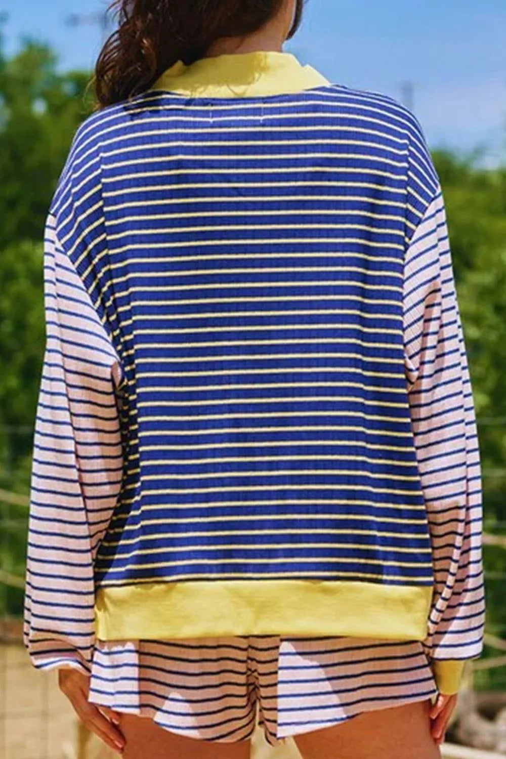 Stripe Color Block Long Sleeve Pullover Ribbed Knit Casual Shorts Set
