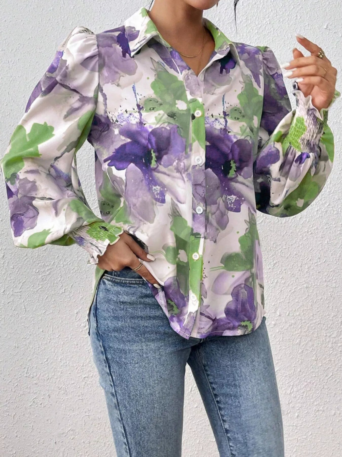 Printed Button Up Lantern Sleeve Shirt