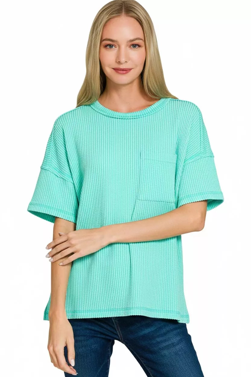 Zenana Raised Rib Exposed Seam Short Sleeve Top
