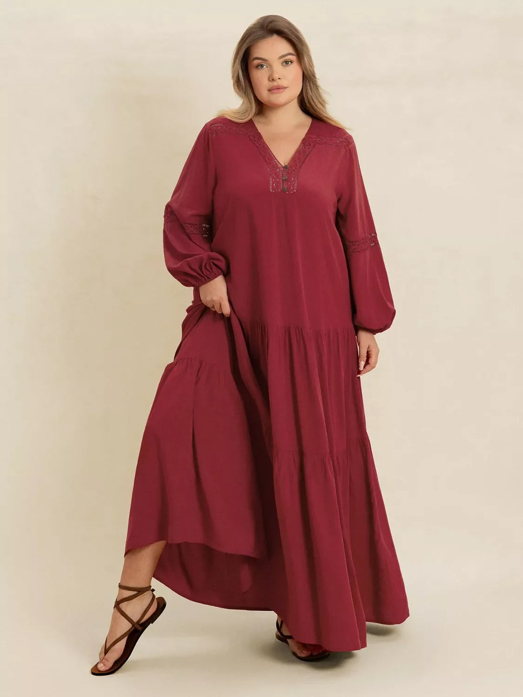 Plus Size Bohemian Tiered Maxi Dress with Balloon Sleeves