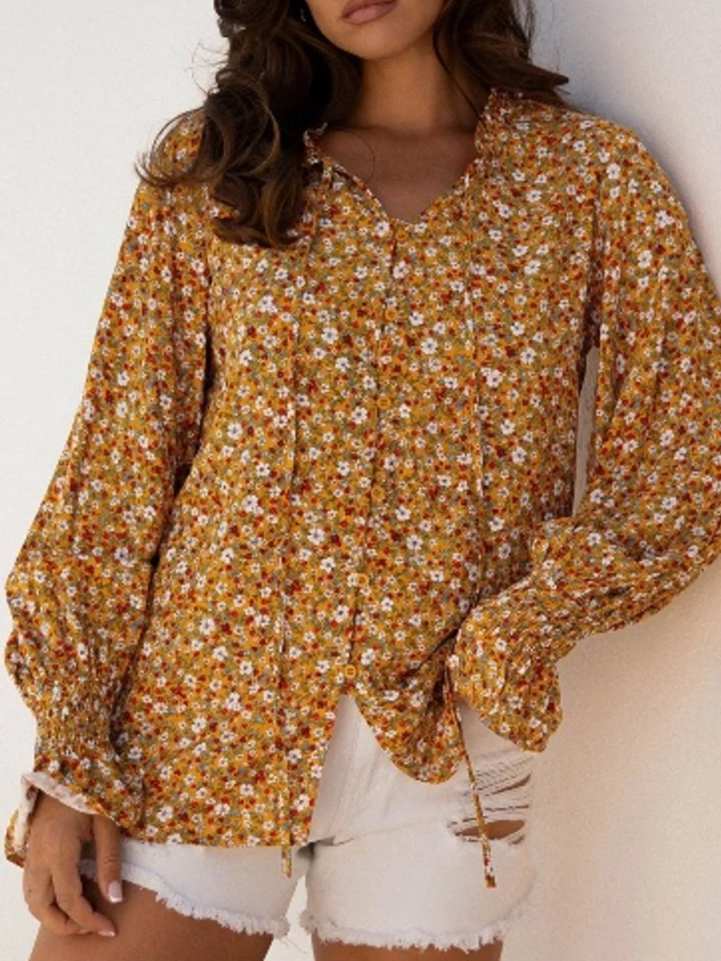 Floral Ruffled Bubble Sleeve Tie Neck Blouse