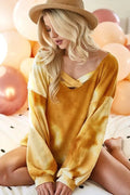 BiBi Tie Dye Thermal Waffle V Neck Top With Caged Neck