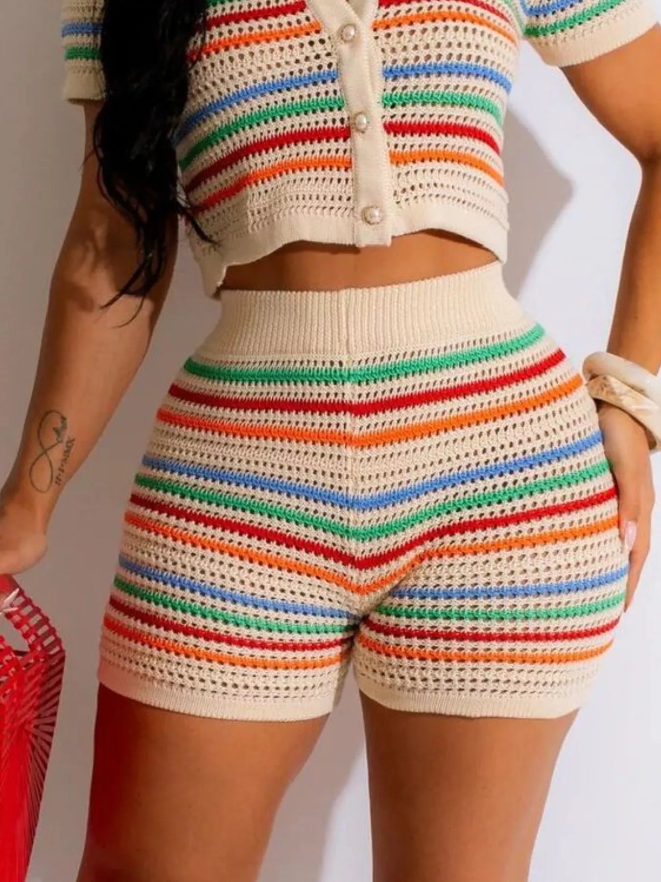 Striped Crochet Knit Cardigan and Shorts Set