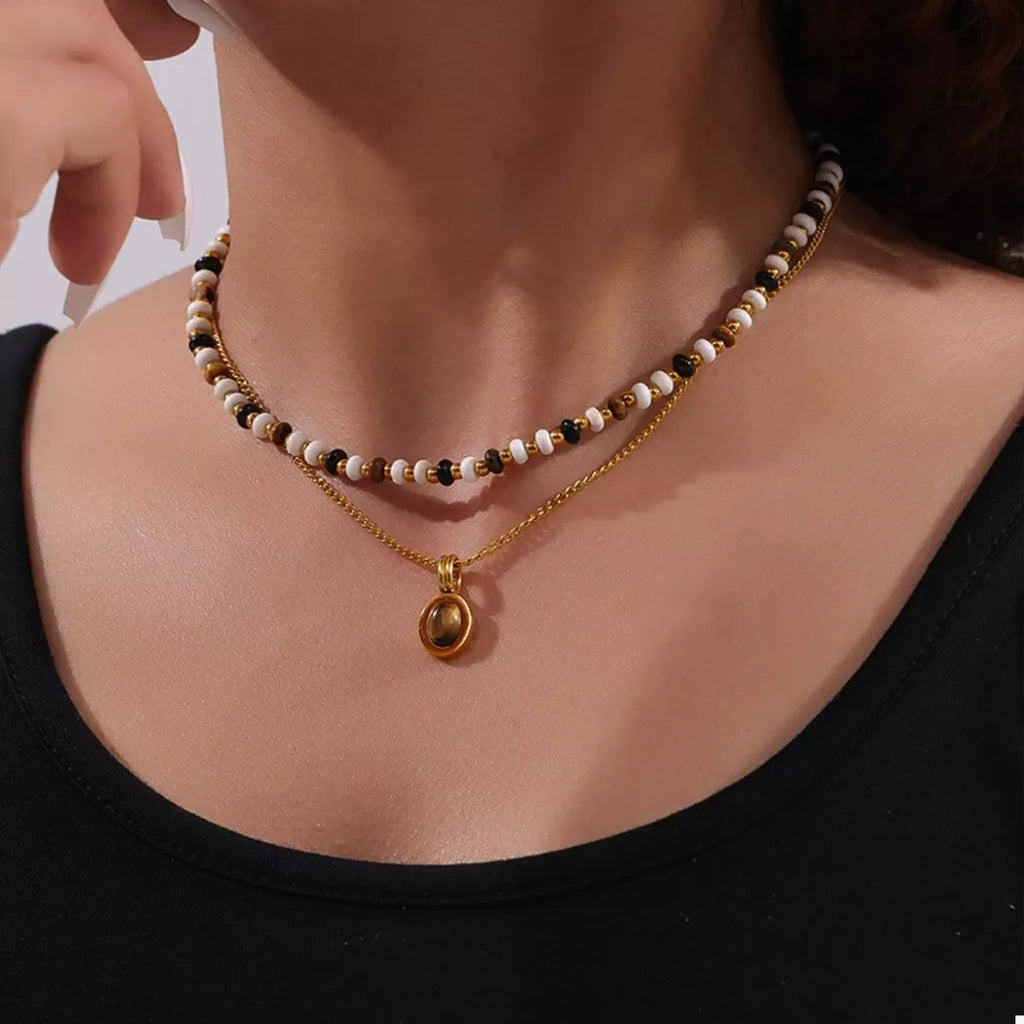 2 Piece Natural Stone and Gold Chain Necklace with Pendant