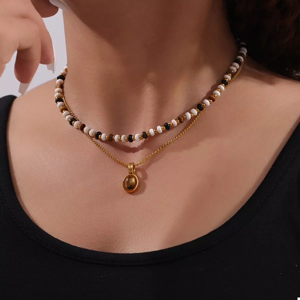 2 Piece Natural Stone and Gold Chain Necklace with Pendant