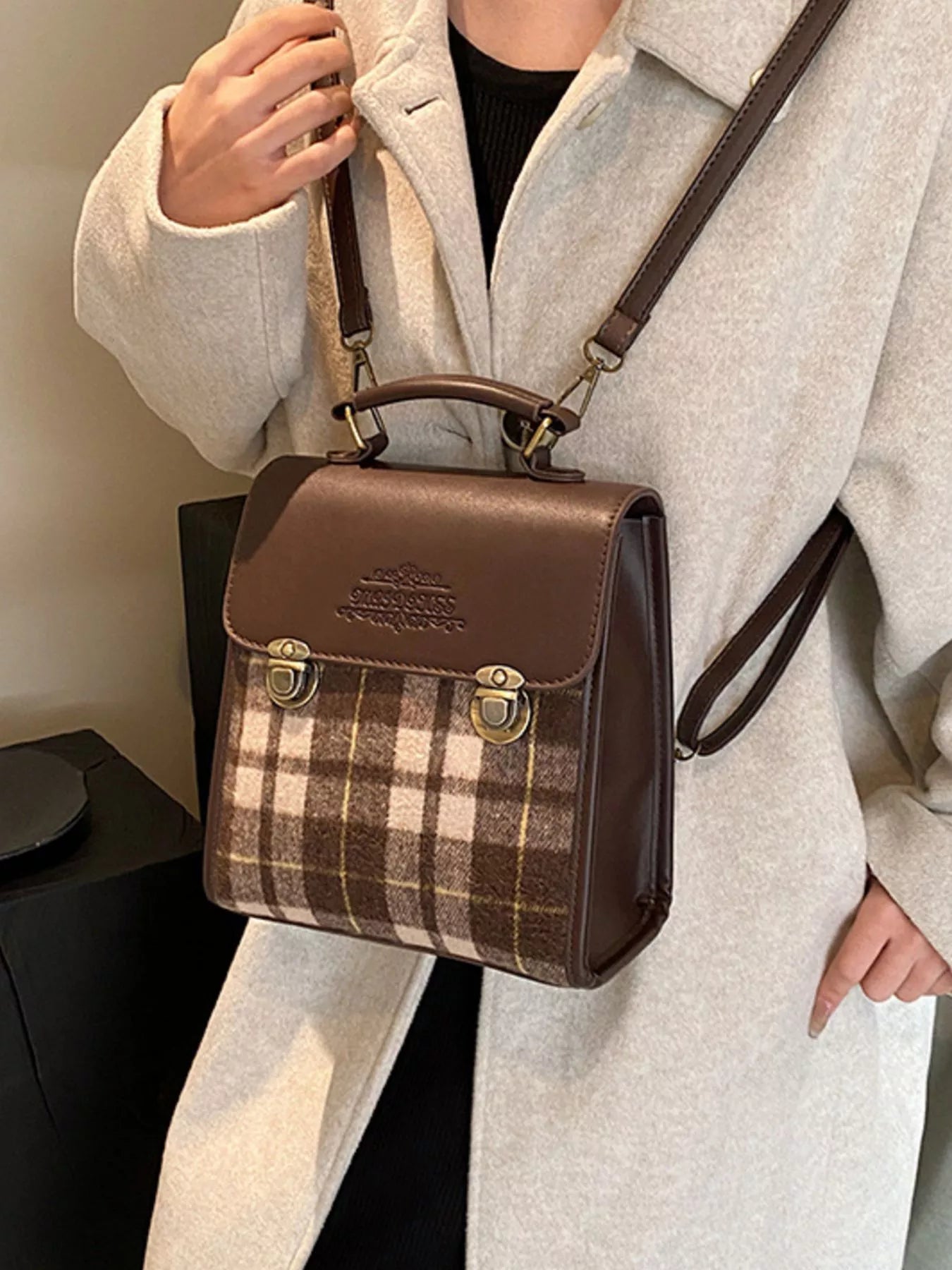 Vintage Plaid Flap Backpack Bag