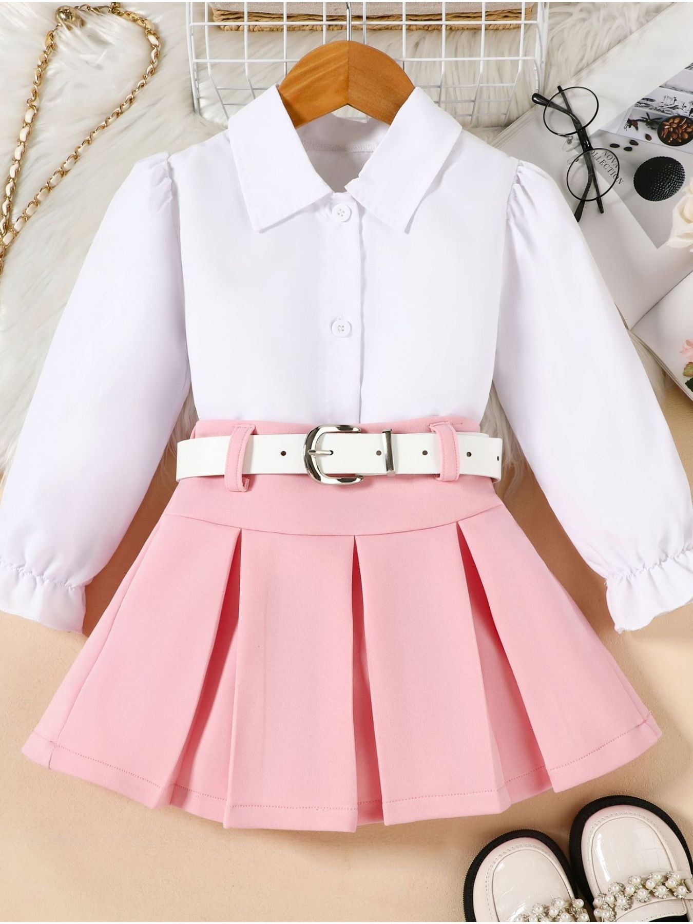 Children's Long Sleeve Shirt & Pleated Skirt Set with Belt
