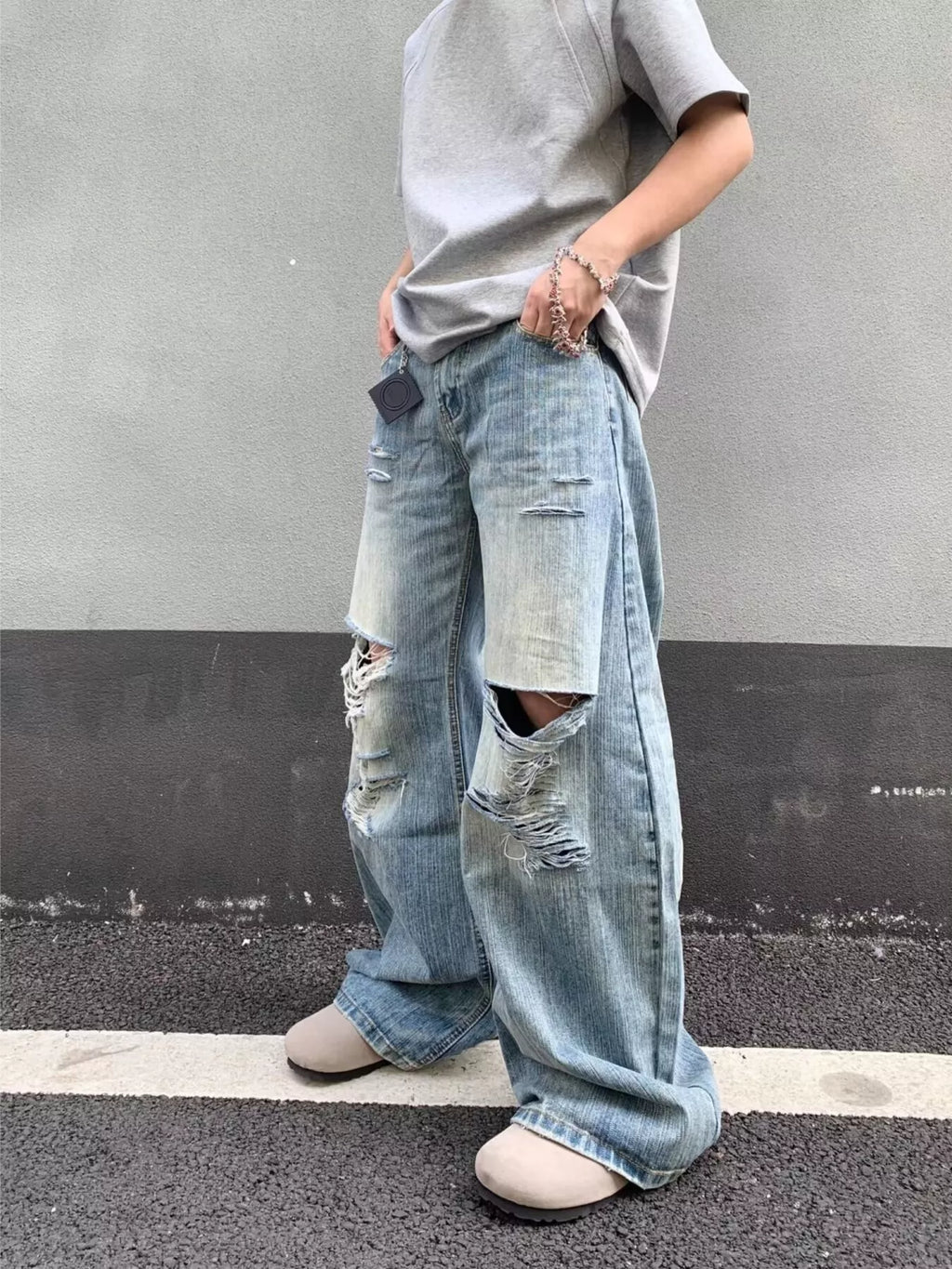 Men's Full Size Distressed Wide Leg Jeans Plus Size