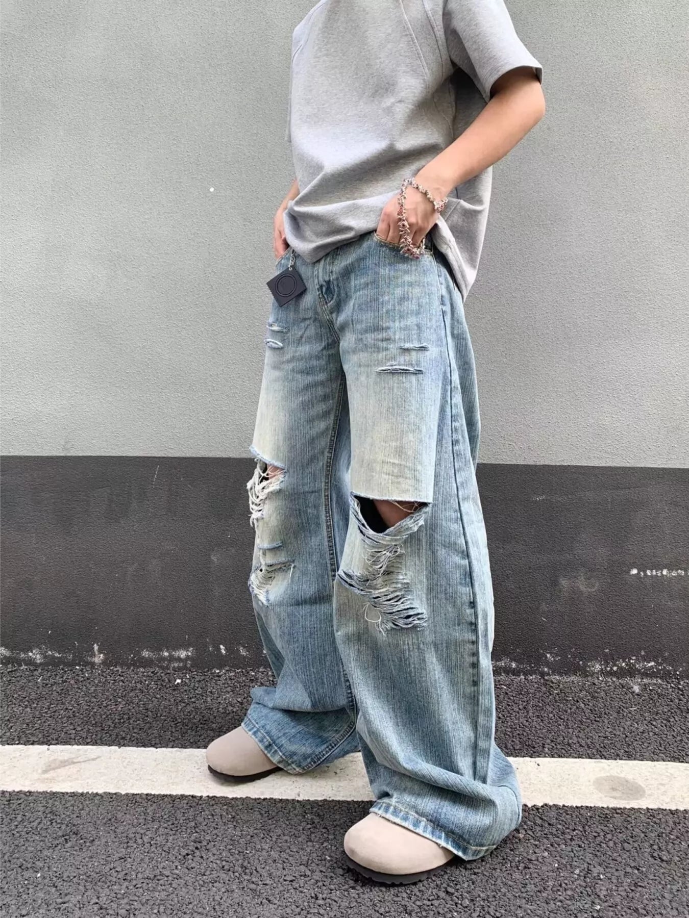 Men's Full Size Distressed Wide Leg Jeans Plus Size