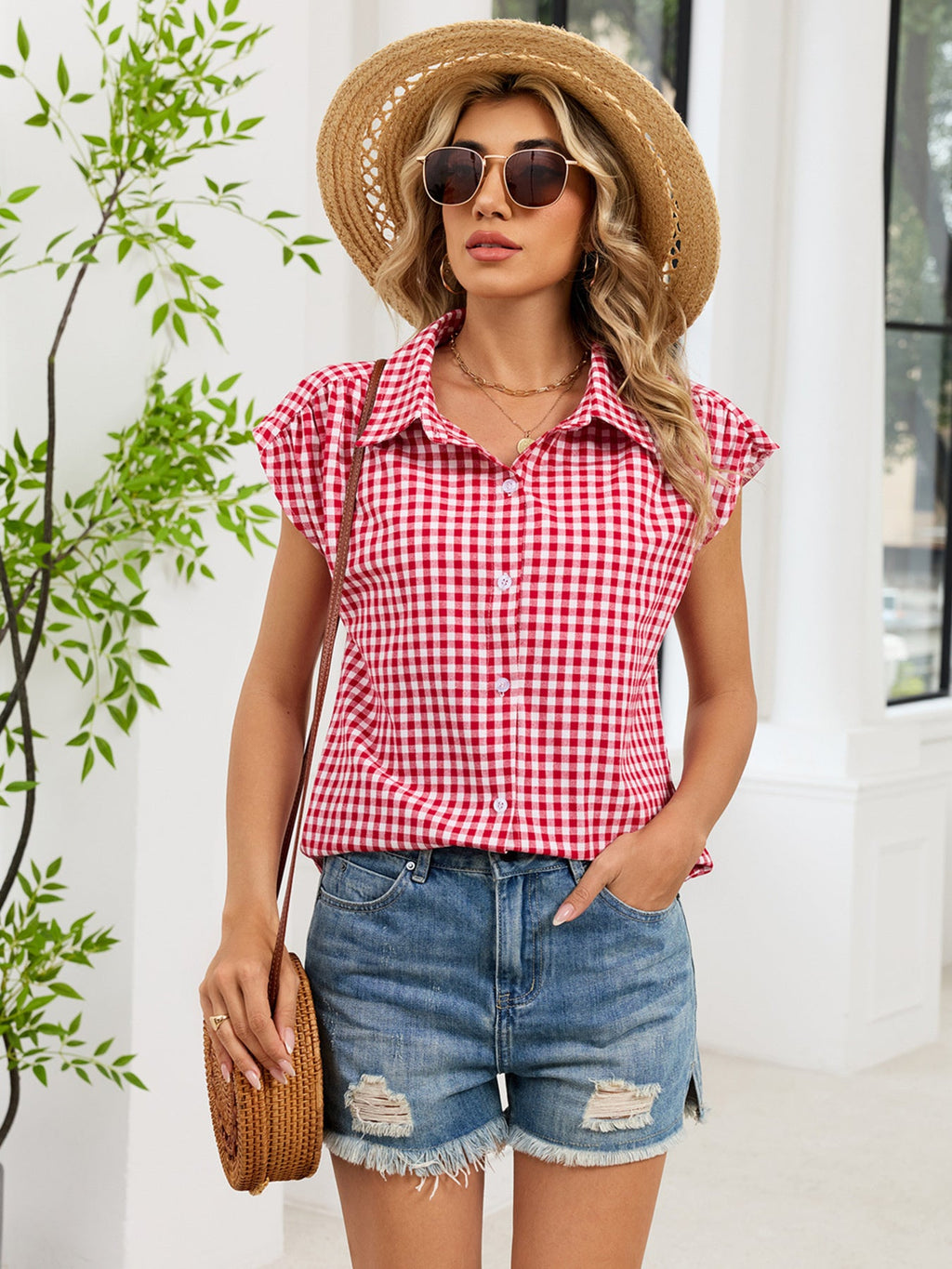 Plaid Button Up Cap Sleeve Shirt
